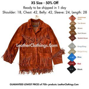 New - XS Women's Rusty Brown Genuine Suede Leather Fringes Jacket